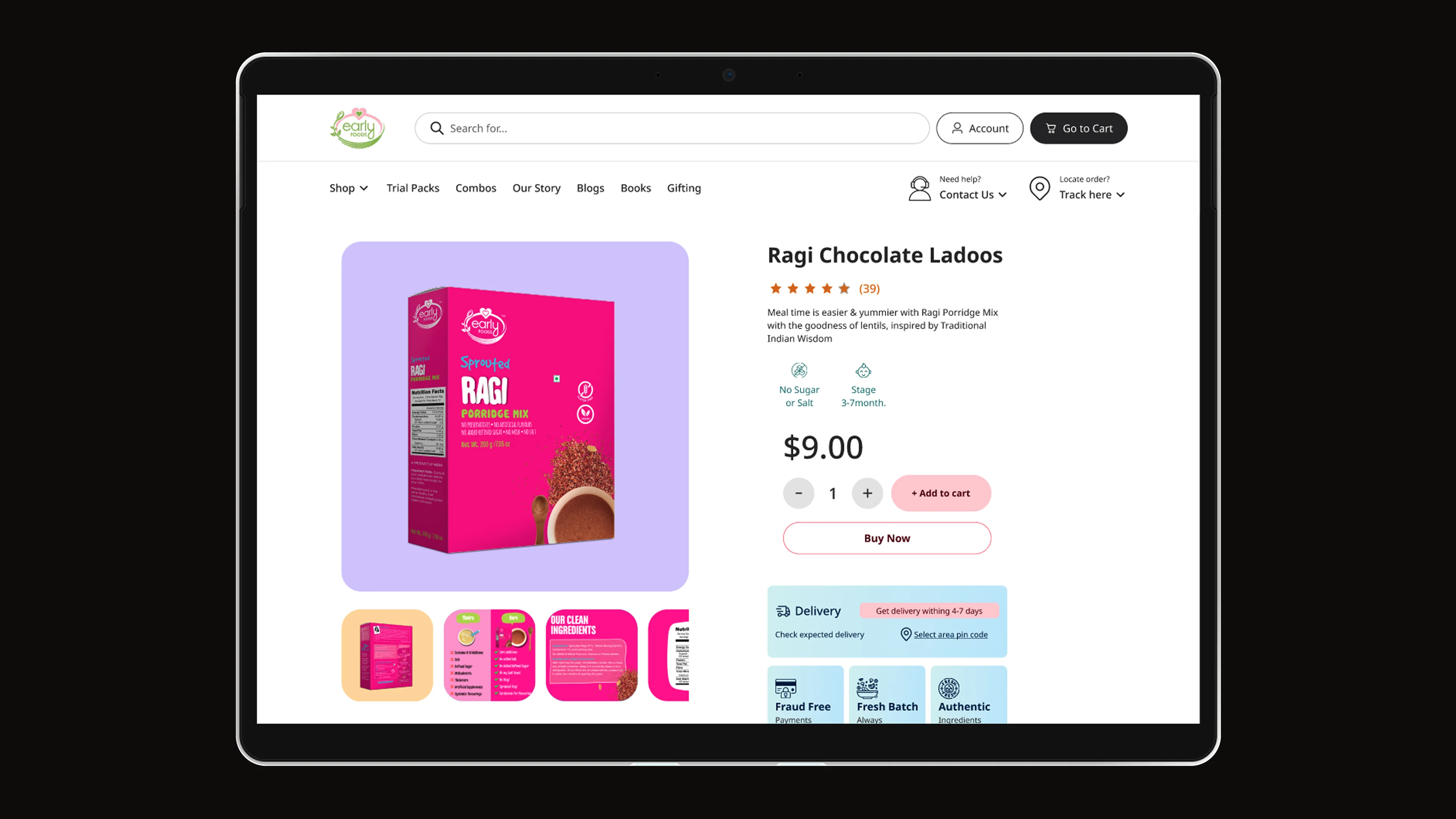 EarlyFoods product page on tablet