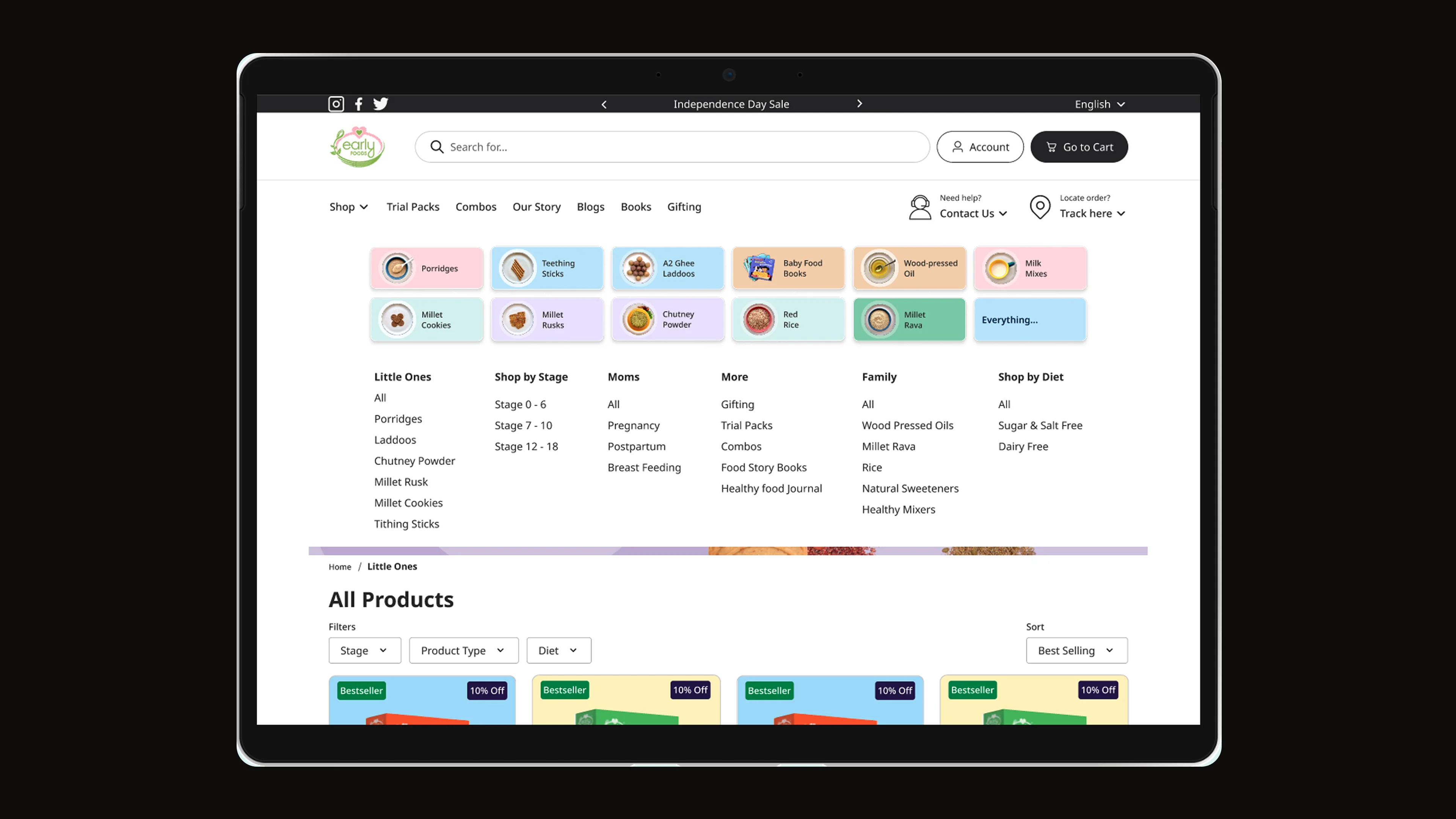 EarlyFoods website on tablet