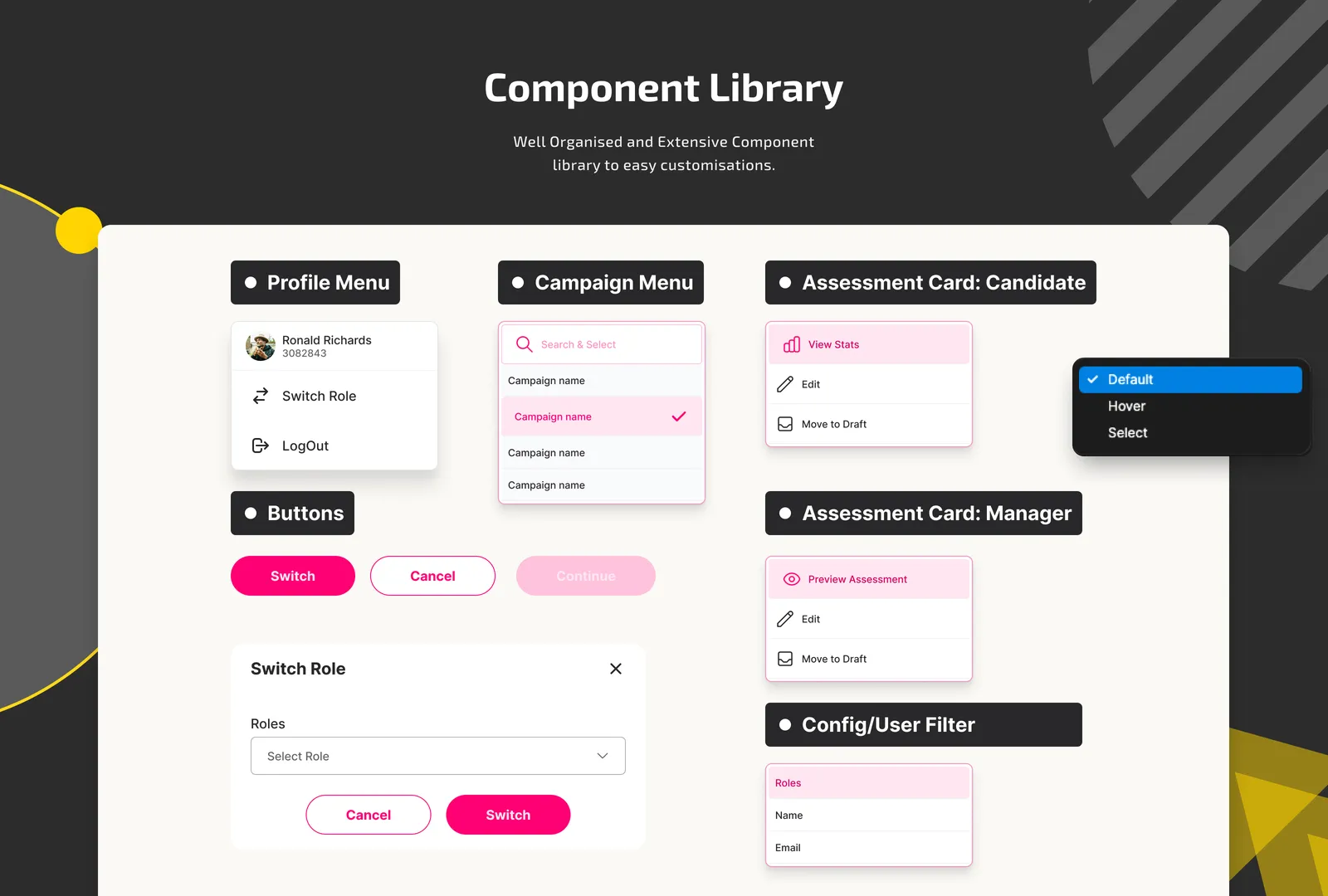 EvaluateUs component library: menus, buttons, assessment cards and filters