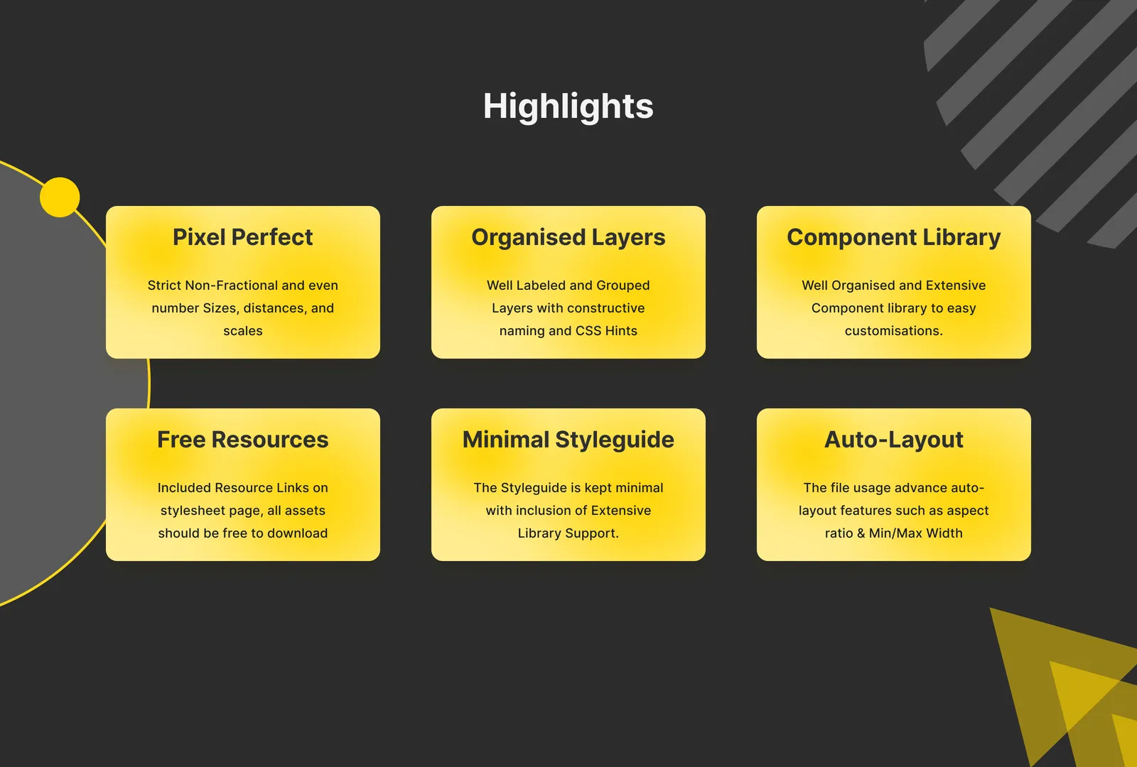 EvaluateUs file highlights: pixel perfect, organised layers, component library, minimal styleguide and auto-layout