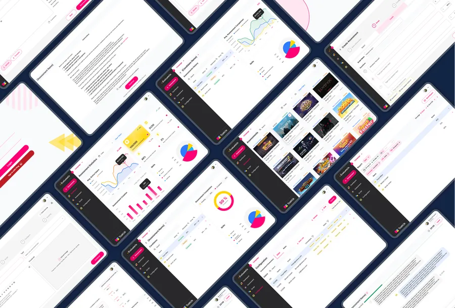 EvaluateUs screens: login, dashboards, assessment gallery, candidates, configuration tables and reports