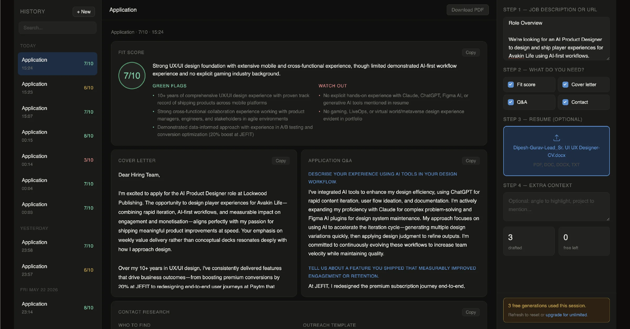 Job App Assistant: live app showing fit score, cover letter, Q&A, and contact research