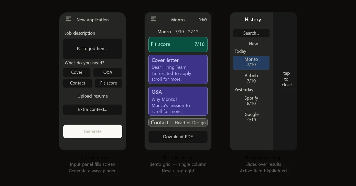 Mobile views: default input panel, bento results, history sidebar