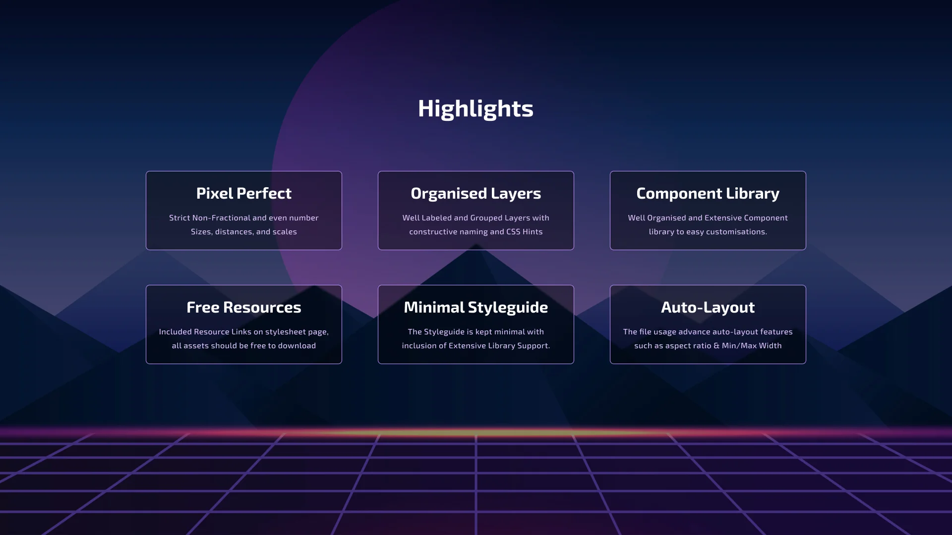 LevelUp file highlights: pixel perfect, organised layers, component library, free resources, minimal styleguide and auto-layout