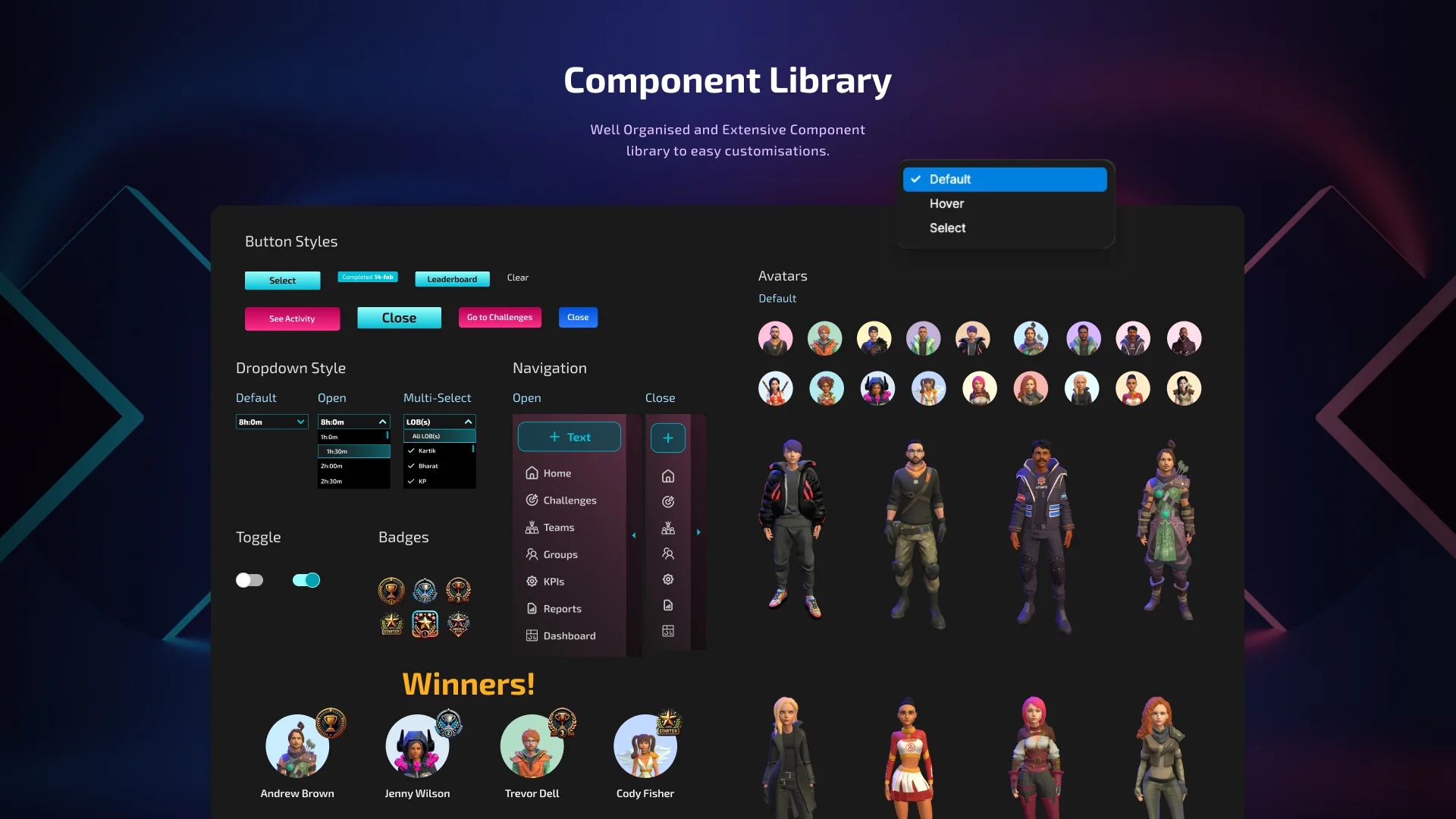 LevelUp component library: buttons, dropdowns, navigation, badges and 3D avatars