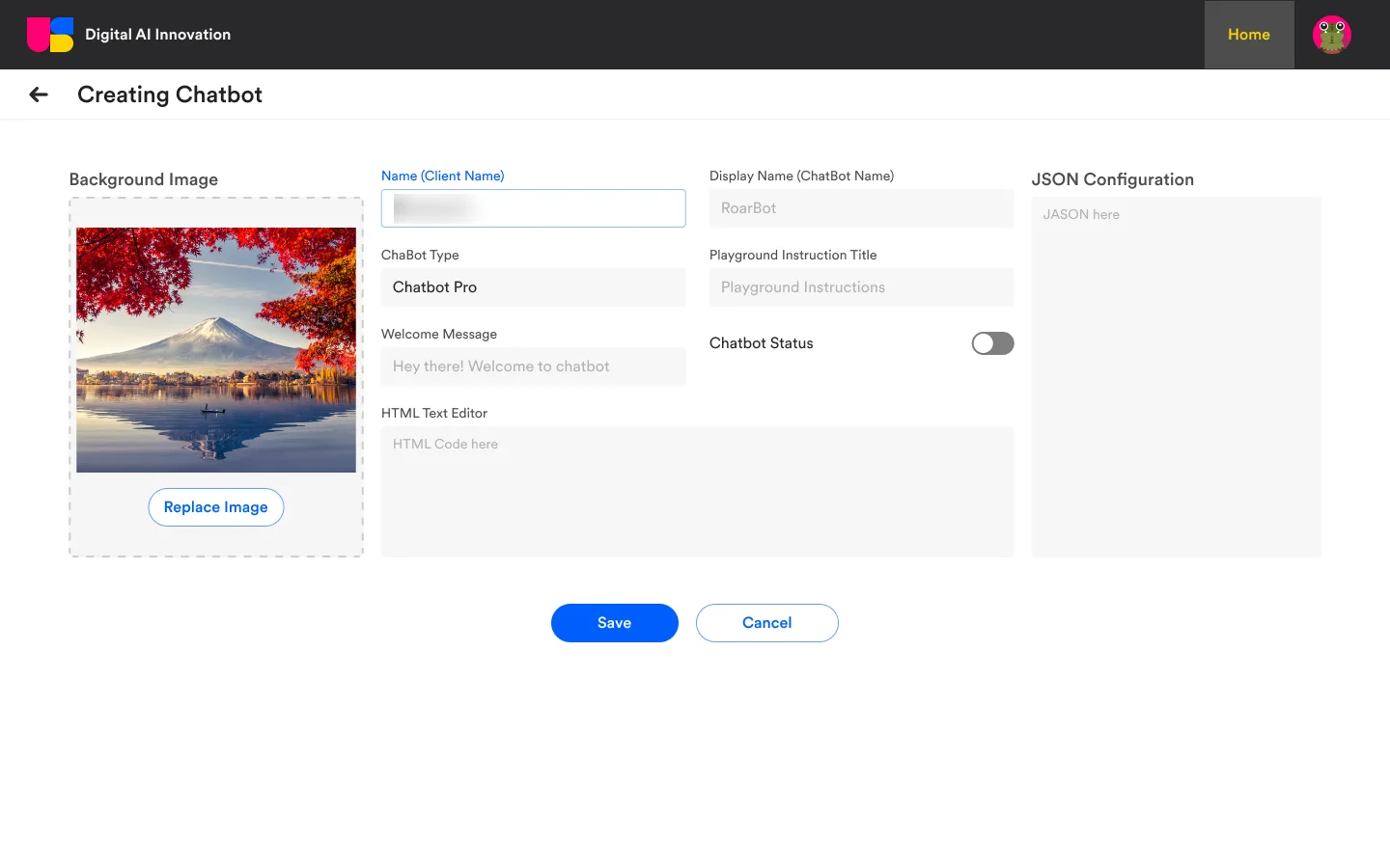 TaskGPT admin plane: creating and configuring a chatbot for a client, with type, welcome message and JSON configuration